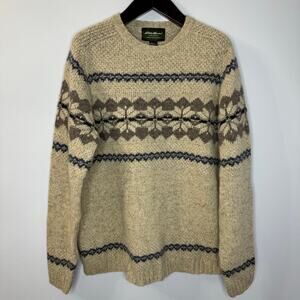 Vintage 90’s Eddie Bauer Knit Wool Snowflake Fair Isle Beige Sweater Mens XL New